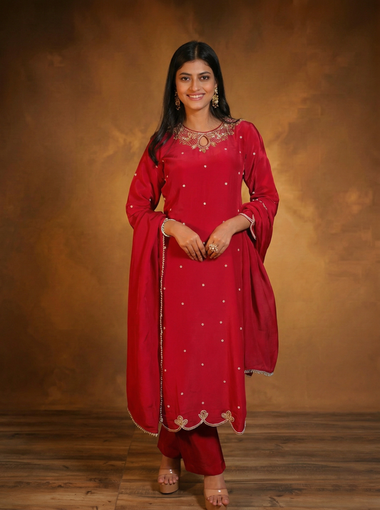 Scallop embroidered straight kurta set