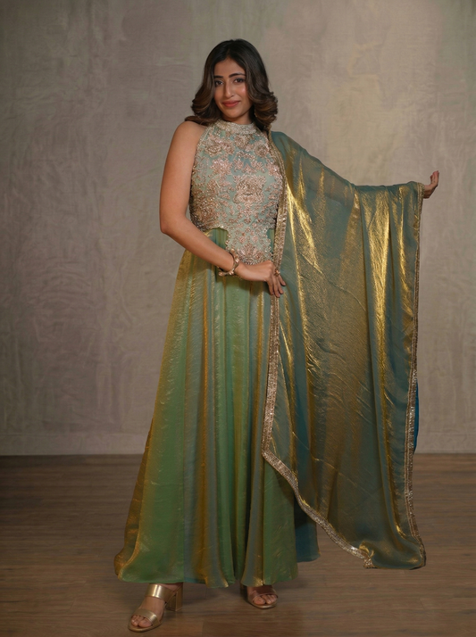 Zardozi embroidered Halter neck gown and dupatta