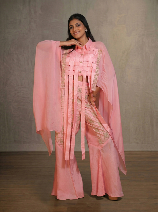 Matt effect top and embroidered bell bottoms