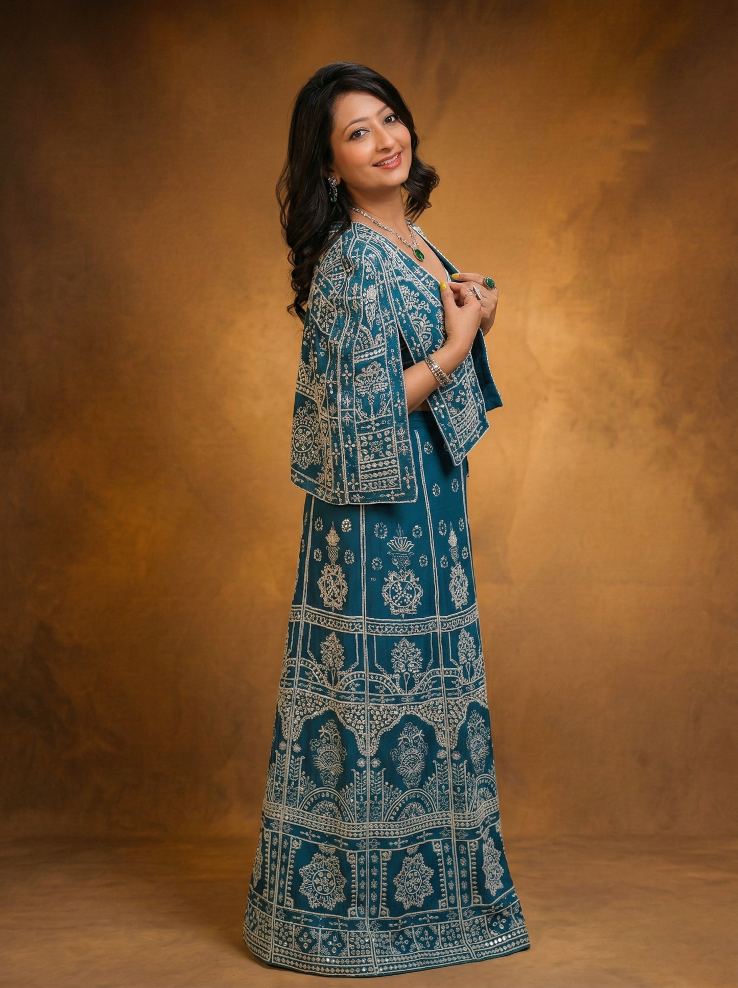Heavy Embroidered Turquoise blue jacket bustier and plazzo set