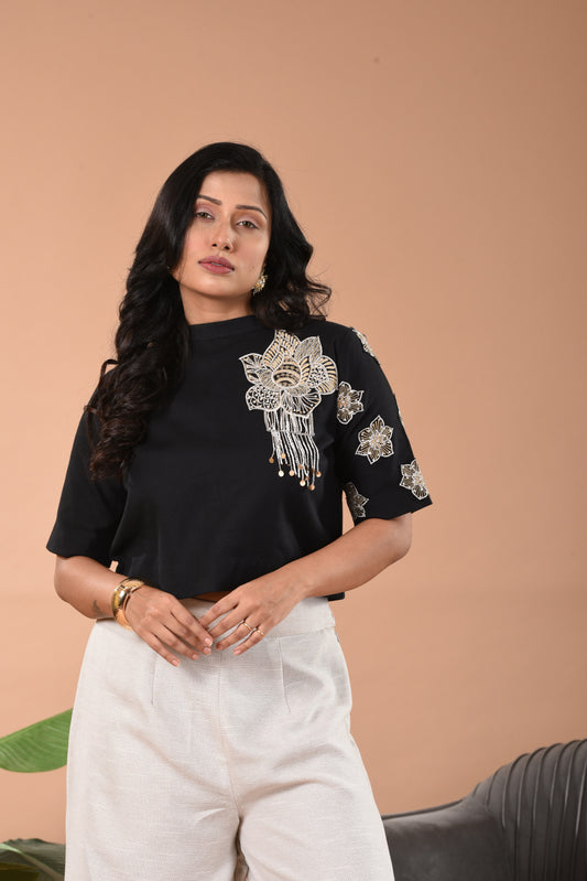 Embroidered Co-ord Set D Black Top & Colorblock Pants