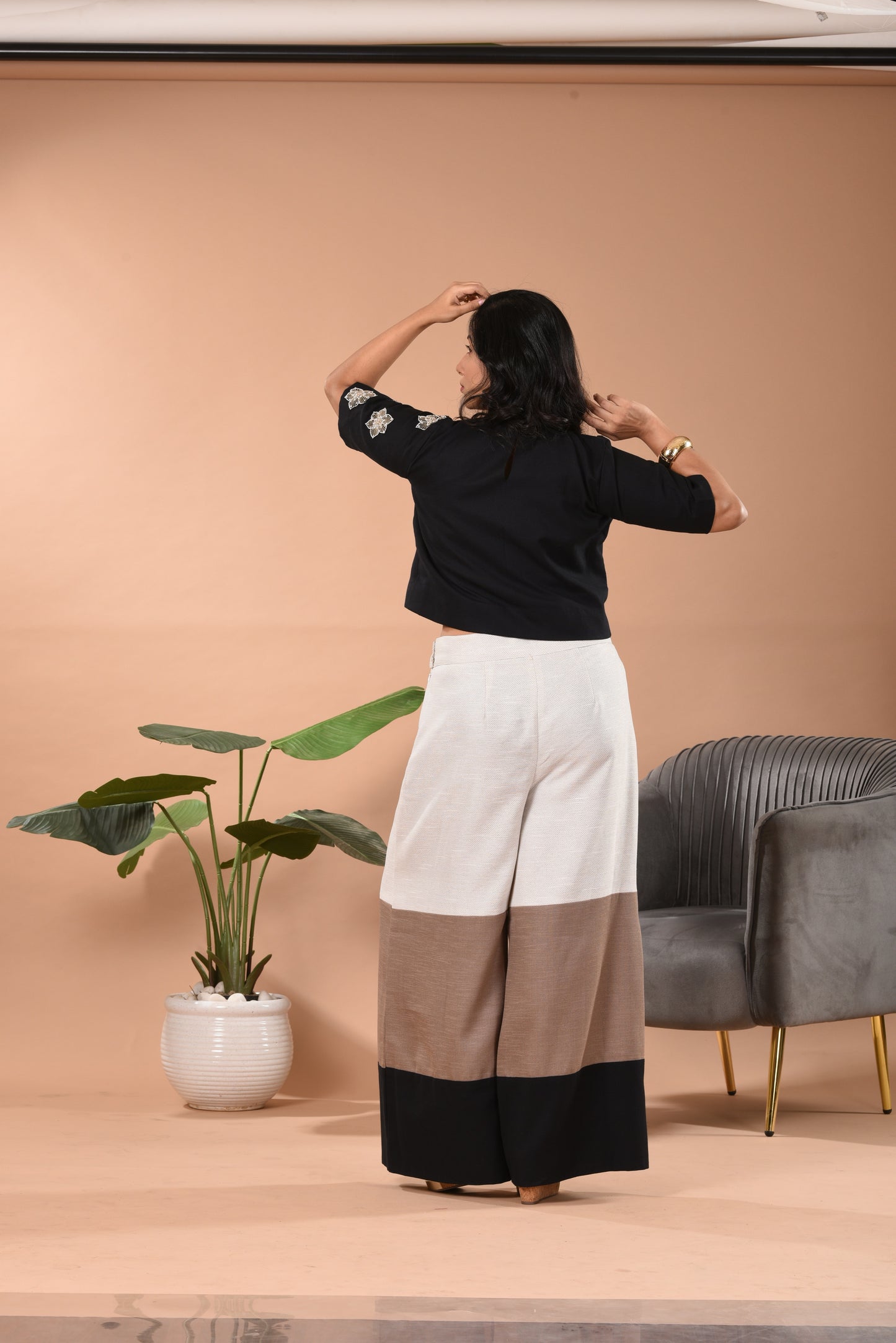 Embroidered Co-ord Set D Black Top & Colorblock Pants