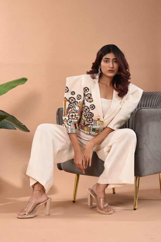 Embroidered Blazer Co-ord Set D 3-Piece in Off-White Kora Linen