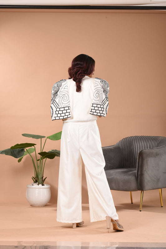 Hand Embroidered Blazer Co-ord Set D White & Blue