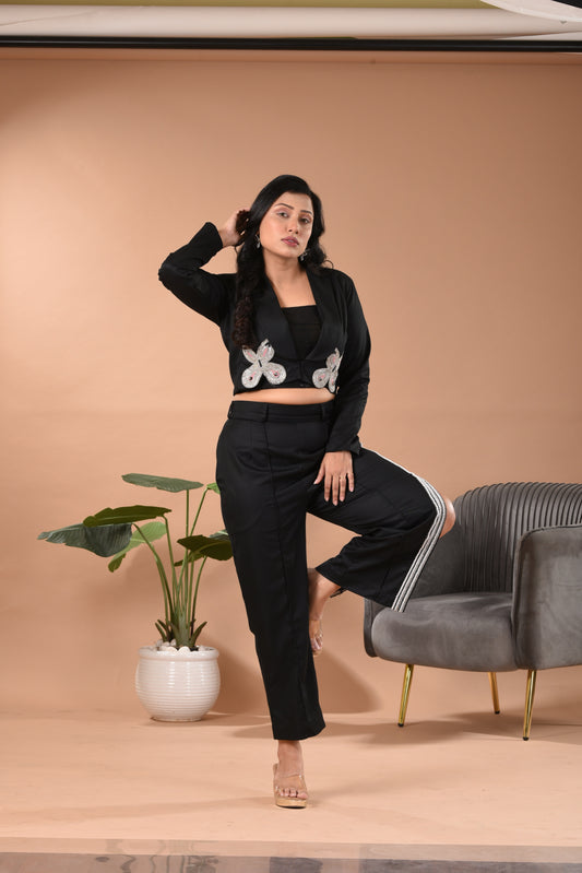 Suroskie Embroidered Cocktail Blazer Co-ord Set D Black