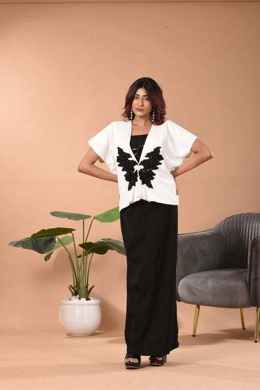 Hand Embroidered Blazer Co-ord Set with Pencil Skirt D White & Black/Blue