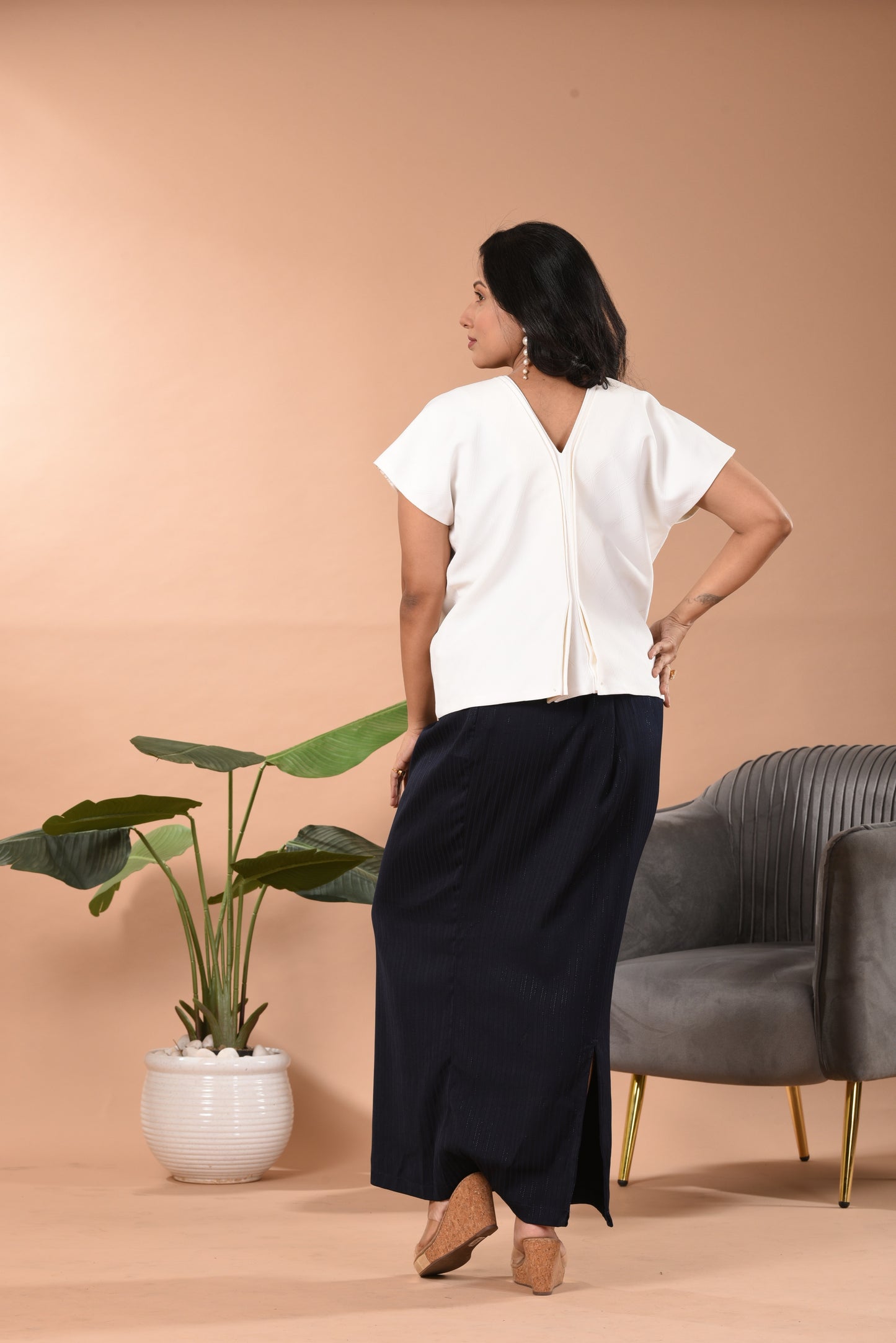 Hand Embroidered Blazer Co-ord Set with Pencil Skirt D White & Black/Blue