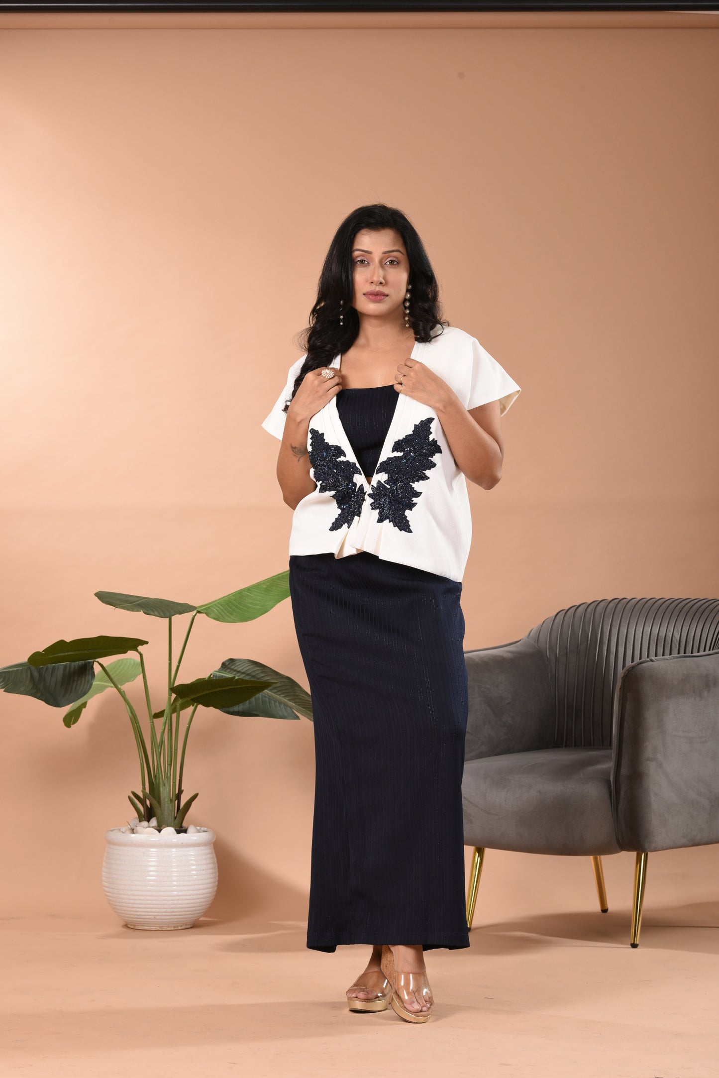 Hand Embroidered Blazer Co-ord Set with Pencil Skirt D White & Black/Blue