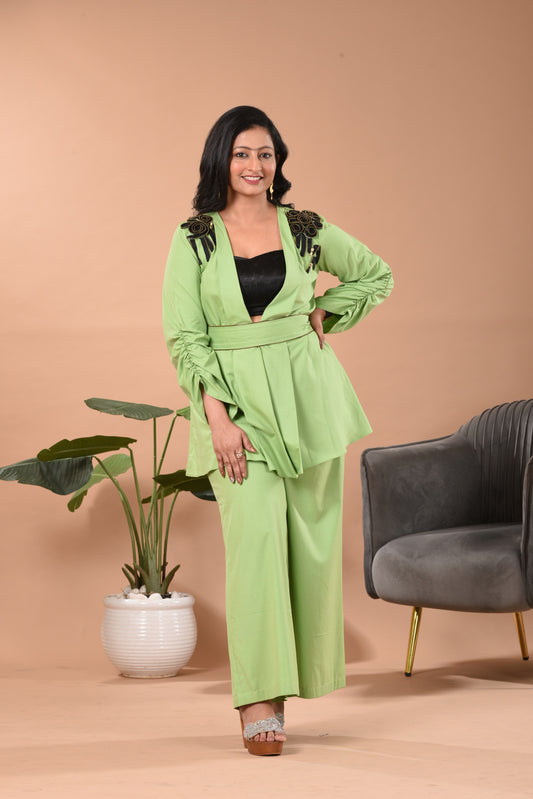 Hand Embroidered Cotton Jacket Co-ord Set D Lime Green, Olive, Rust