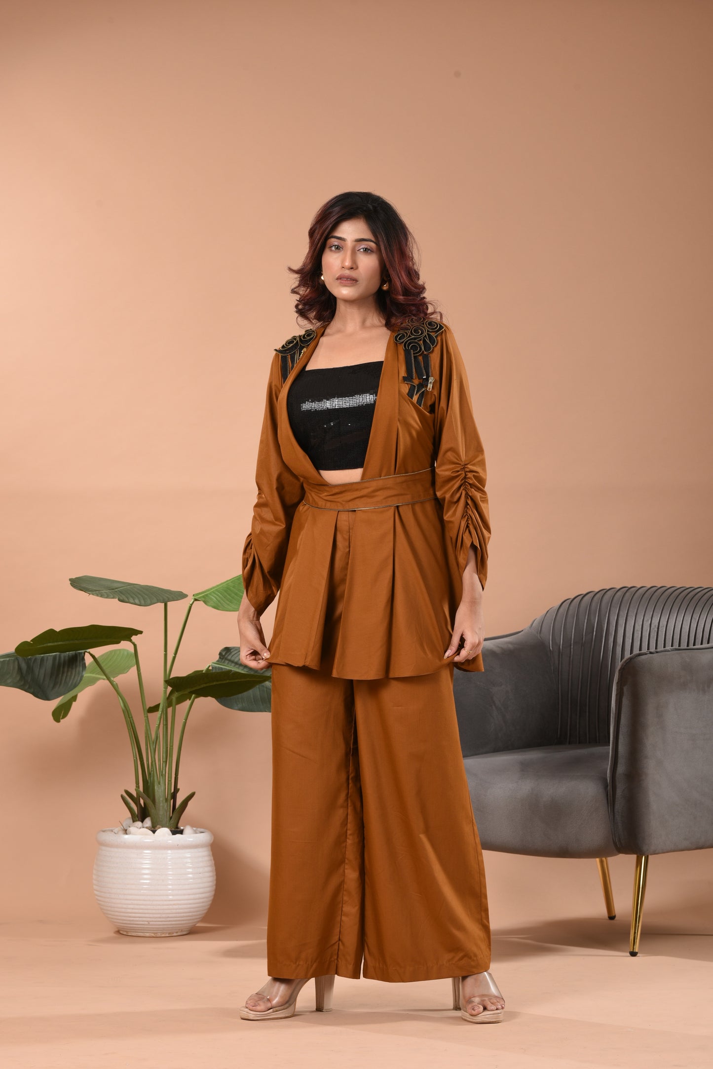 Hand Embroidered Cotton Jacket Co-ord Set D Lime Green, Olive, Rust