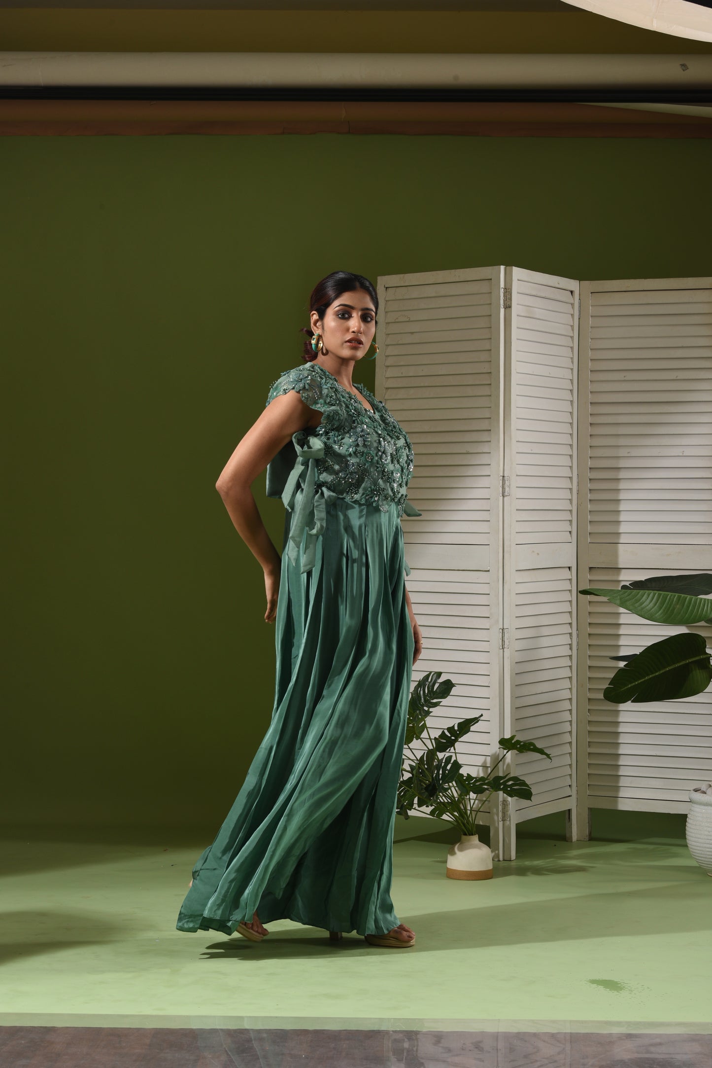 Hand Embroidered Jumpsuit with Organza Jacket Ð Green & Lavender
