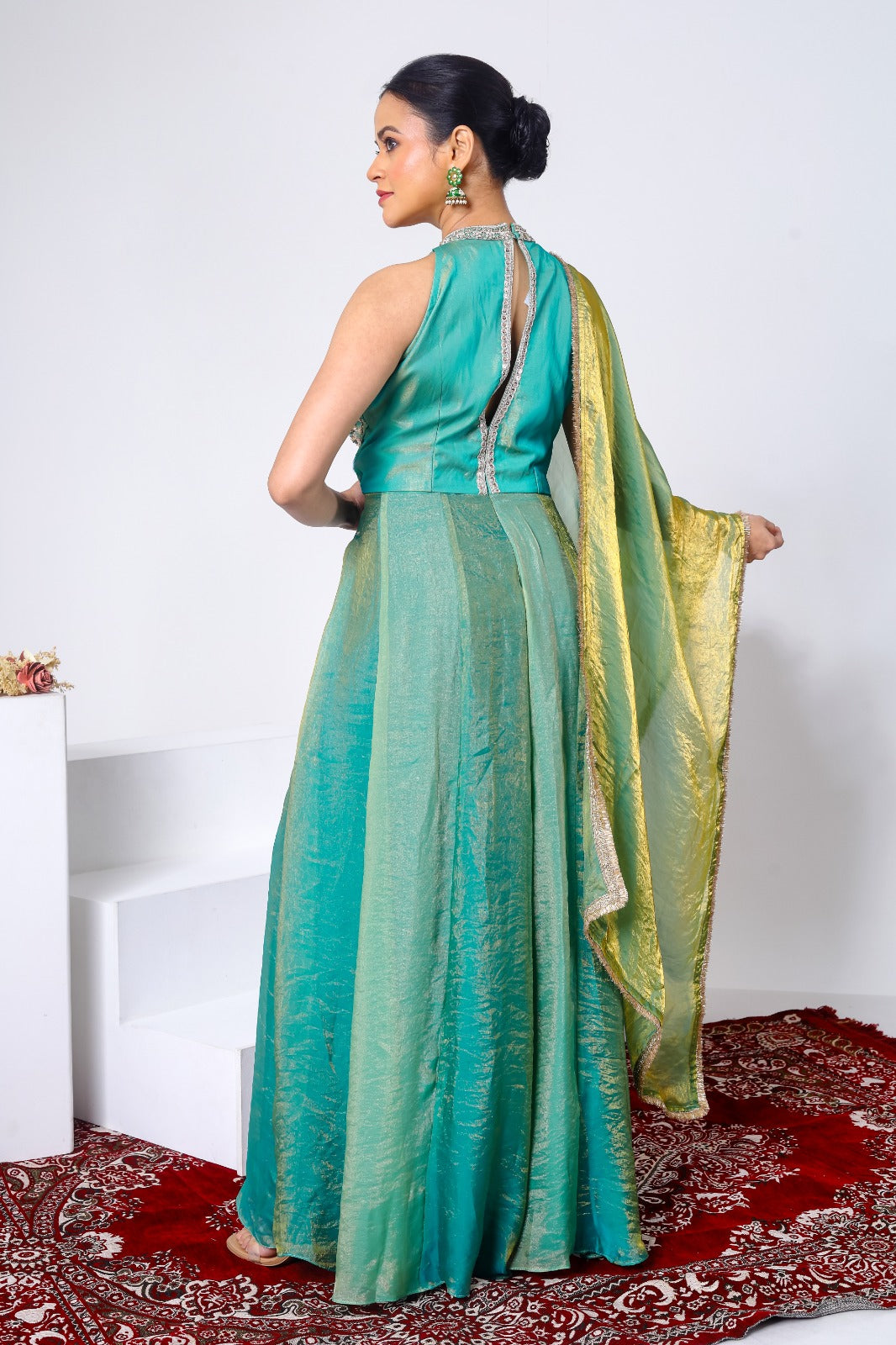 Zardozi embroidered halter neck gown and dupatta