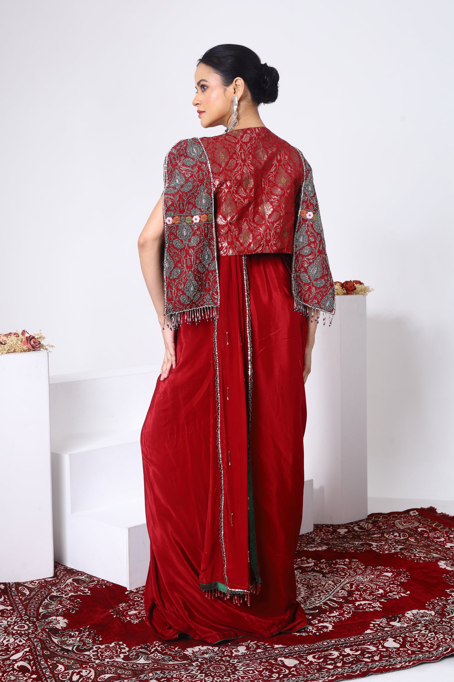 Brocade Trench coat and wrap around Saree