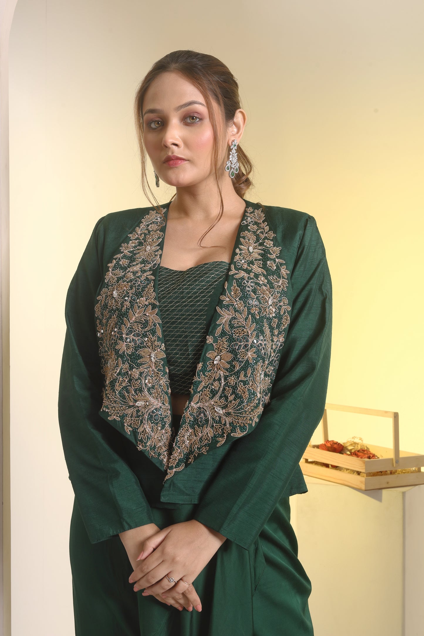 Long embroidery collar blazer, bustier and drape skirt