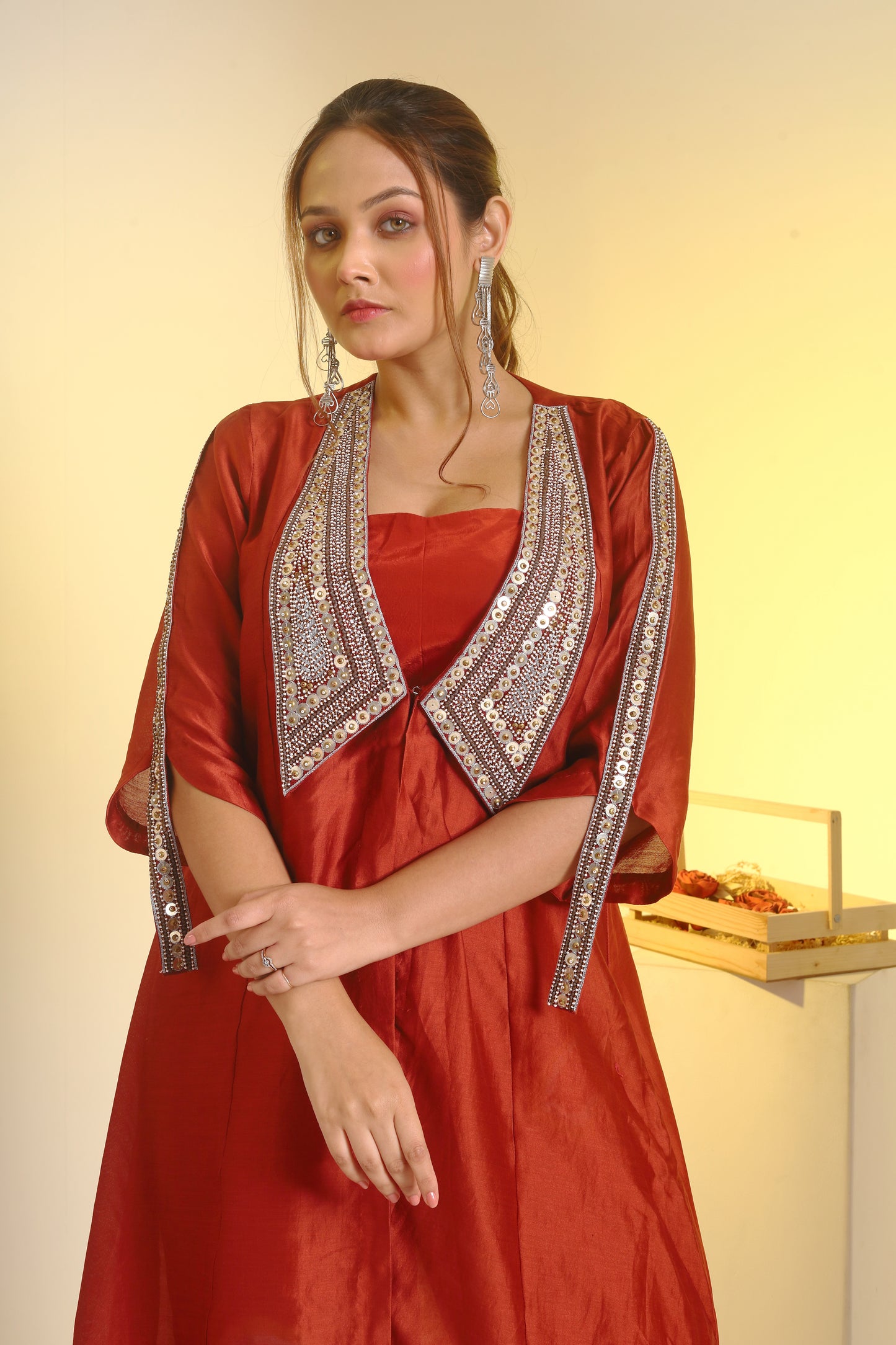 Embroidered collar jacket, bustier and peplum pant set