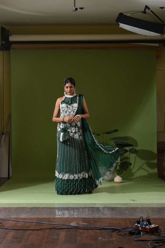 Heavy embroidered mermaid lehenga and potli bag