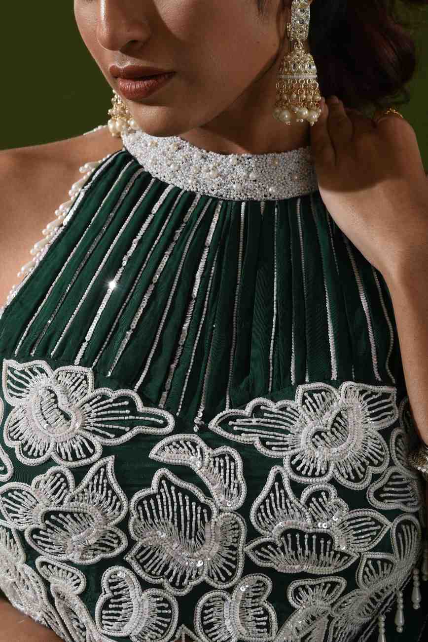 Heavy embroidered mermaid lehenga and potli bag