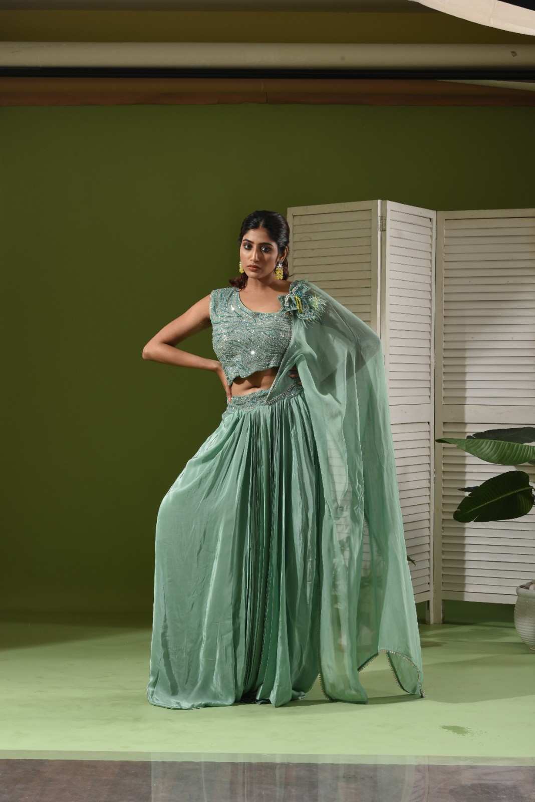 Crop top, drape and pull up skirt