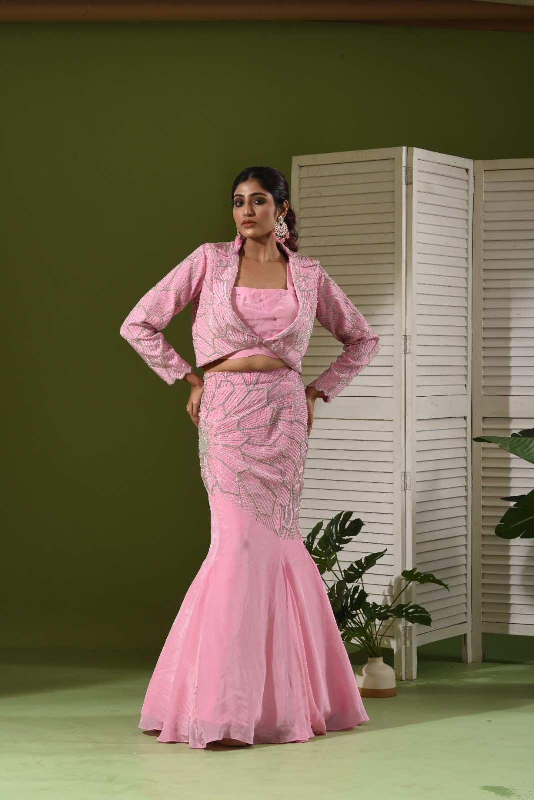 Mermaid lehenga, blazer and bustier