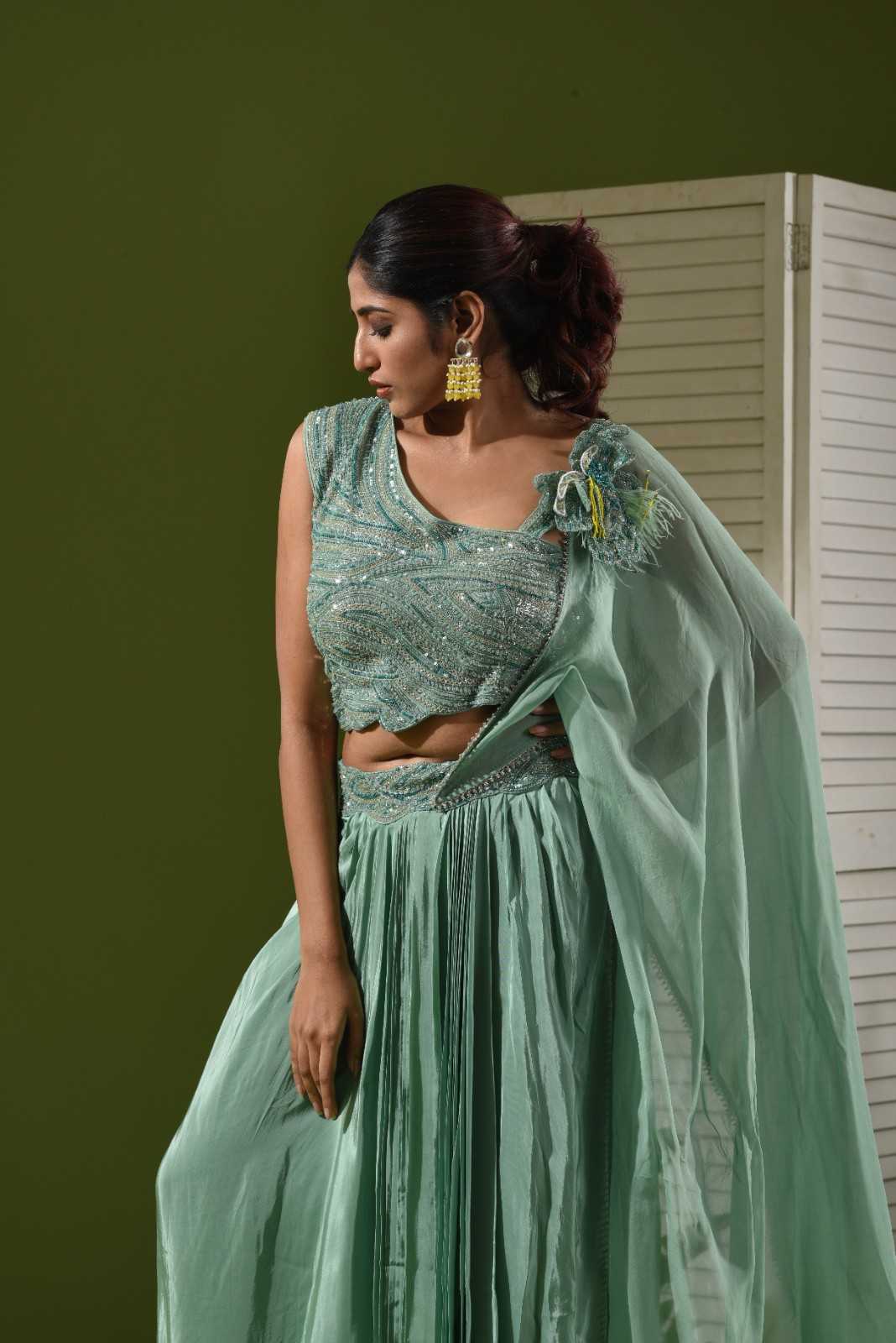 Crop top, drape and pull up skirt