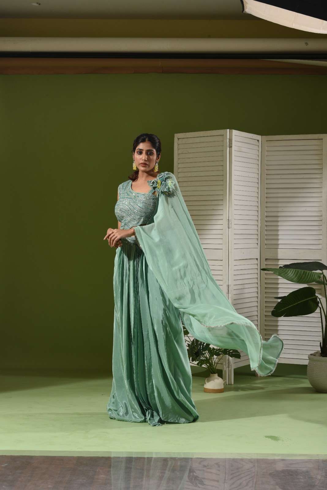 Crop top, drape and pull up skirt