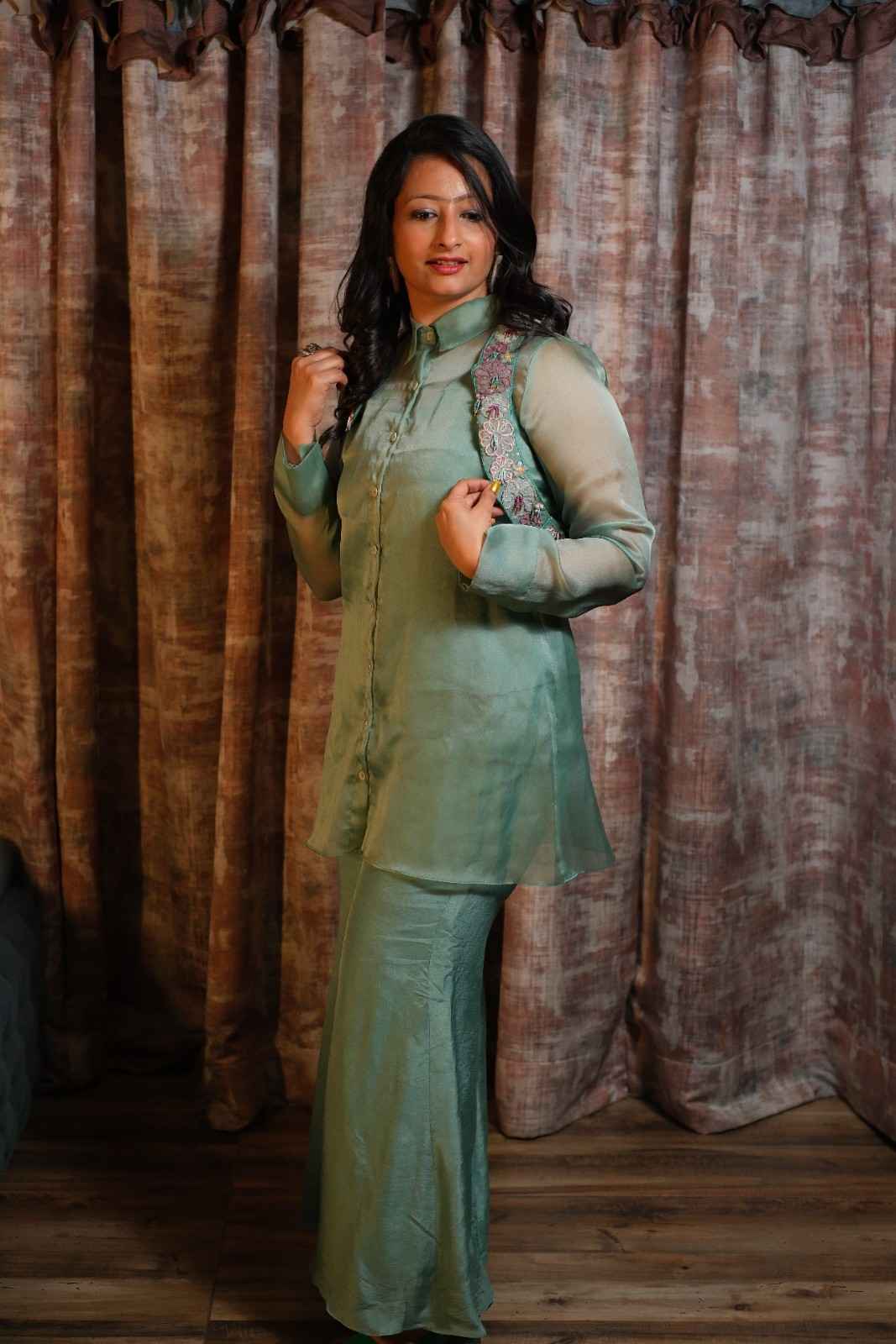 Floral Cross Jacket with Organza Co-ord set