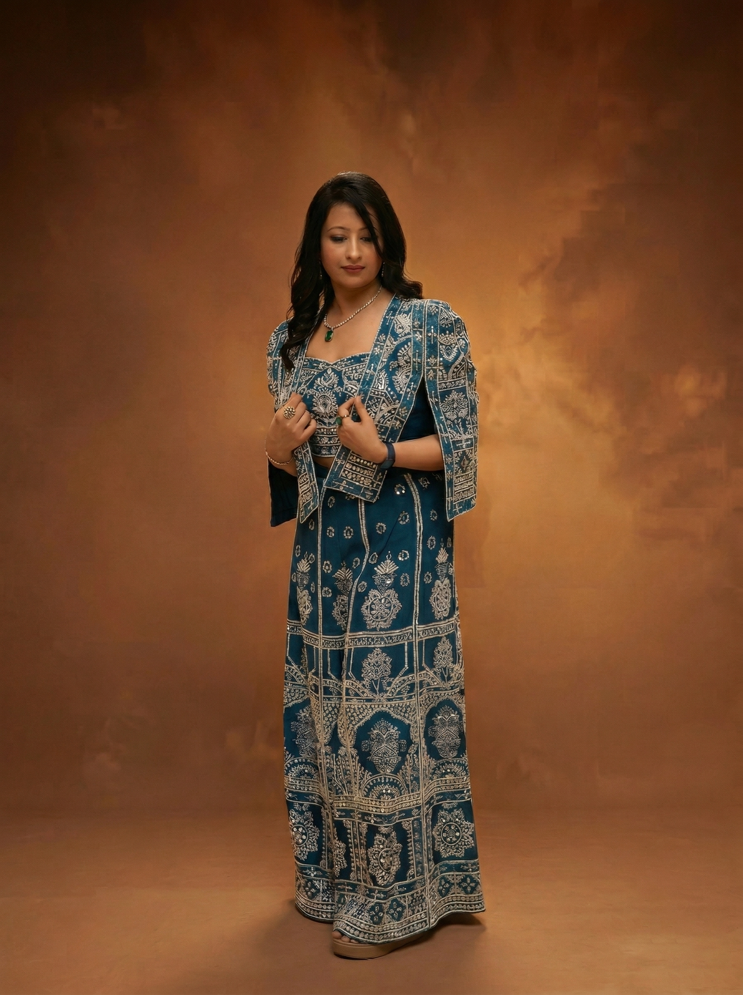 Heavy Embroidered Turquoise blue jacket bustier and plazzo set