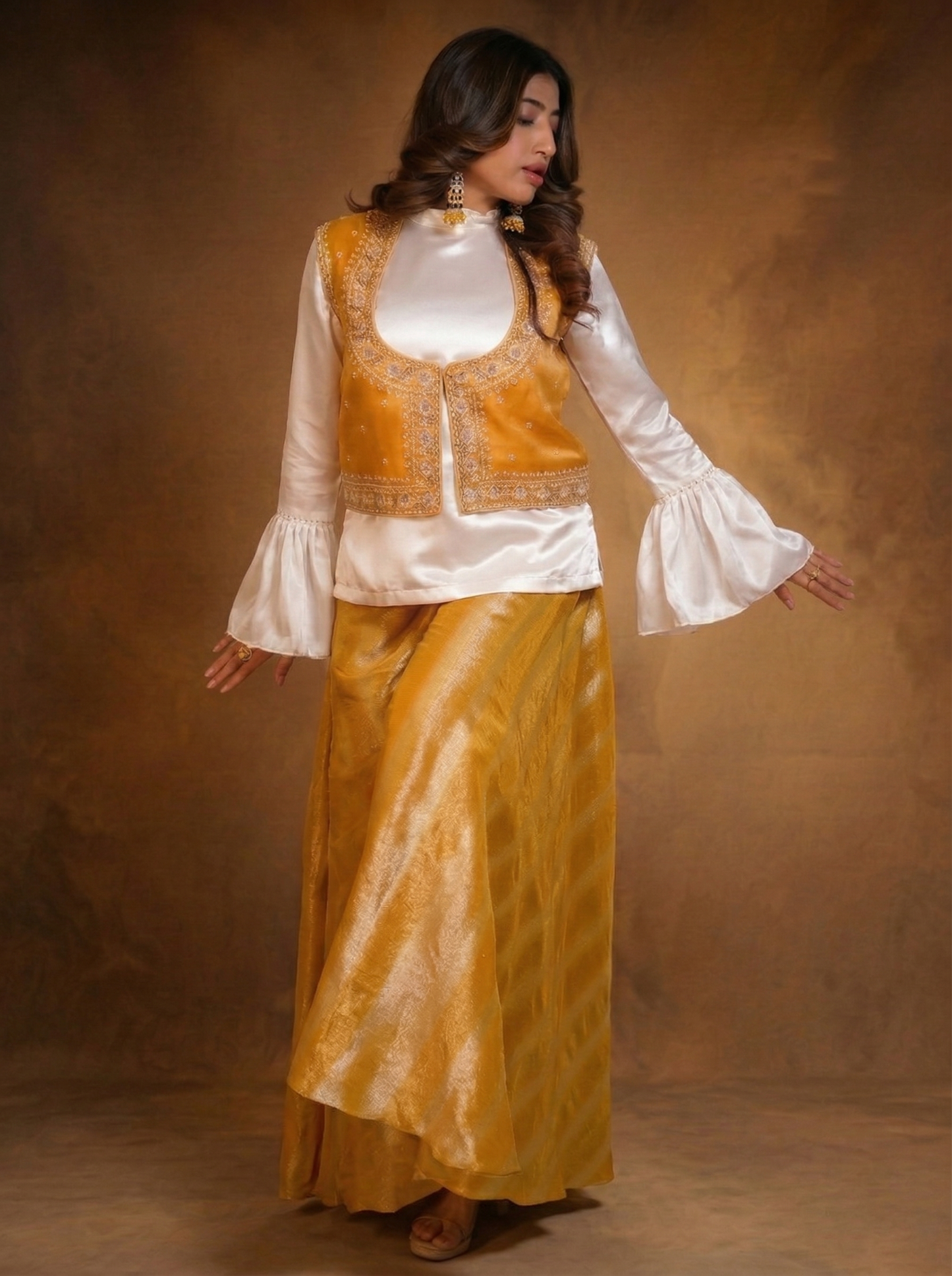 Mustard jacket and shaded plazzo with white top