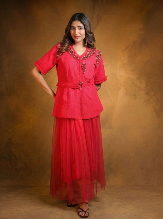 Red self fabric top and skirt