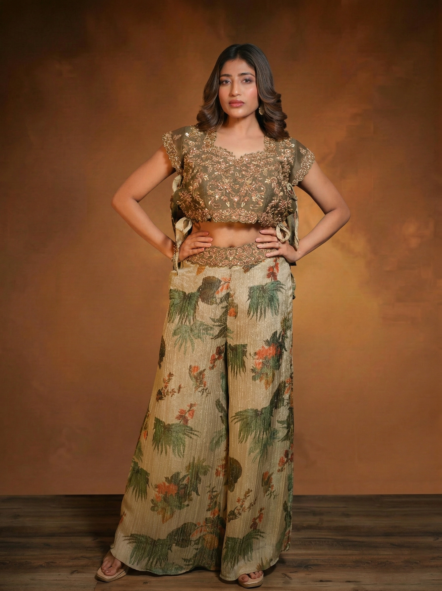 Zardoshi jacket, bustier and crushed tissue plazzo pants