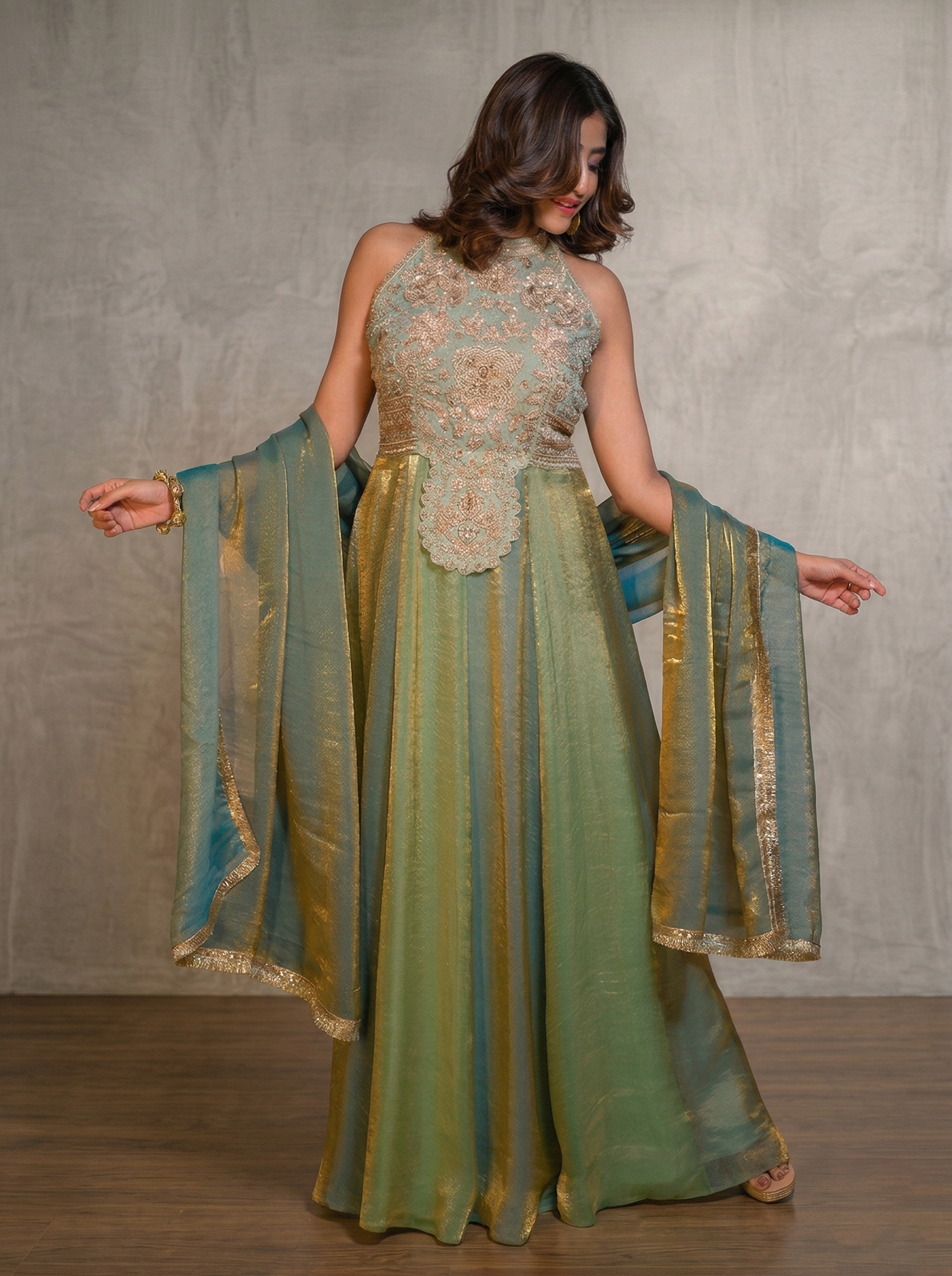 Zardozi embroidered Halter neck gown and dupatta