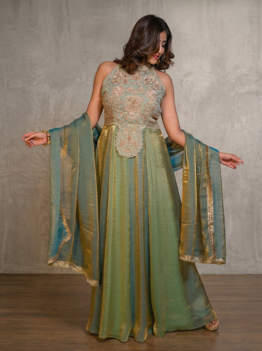 Zardozi embroidered Halter neck gown and dupatta