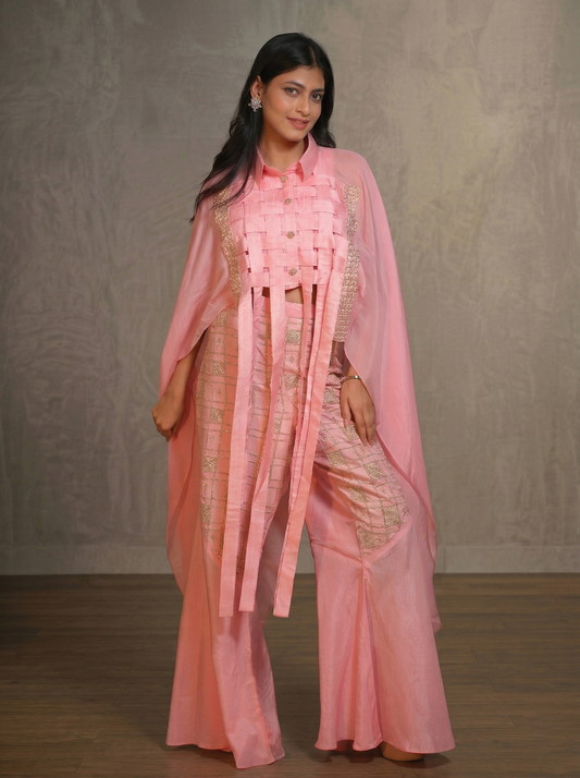Matt effect top and embroidered bell bottoms
