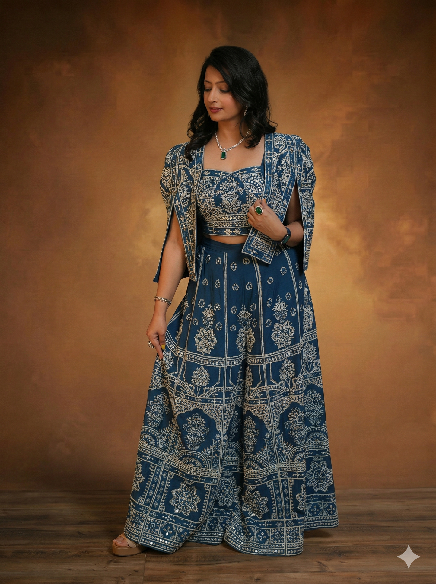 Heavy Embroidered Turquoise blue jacket bustier and plazzo set