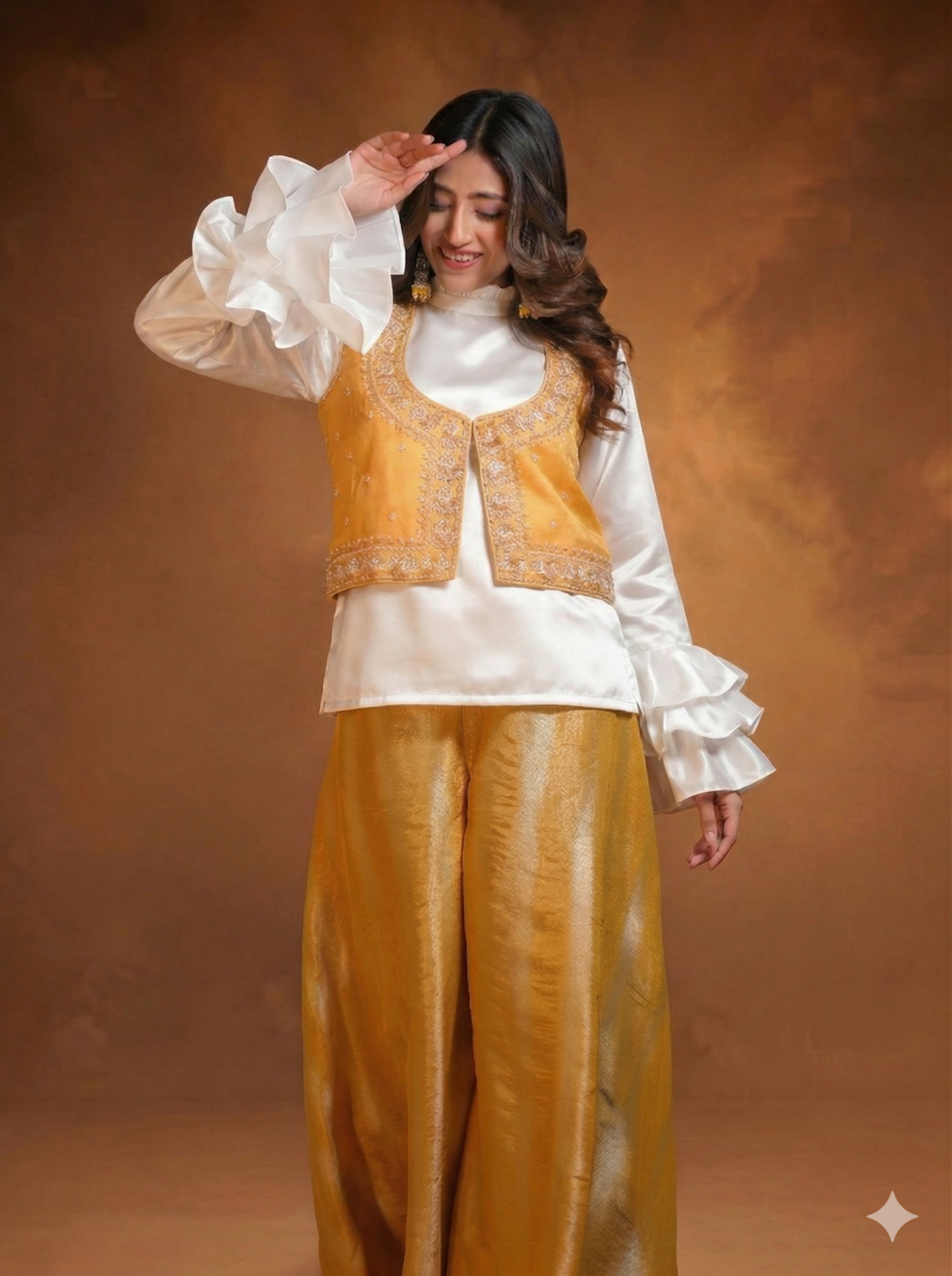 Mustard jacket and shaded plazzo with white top