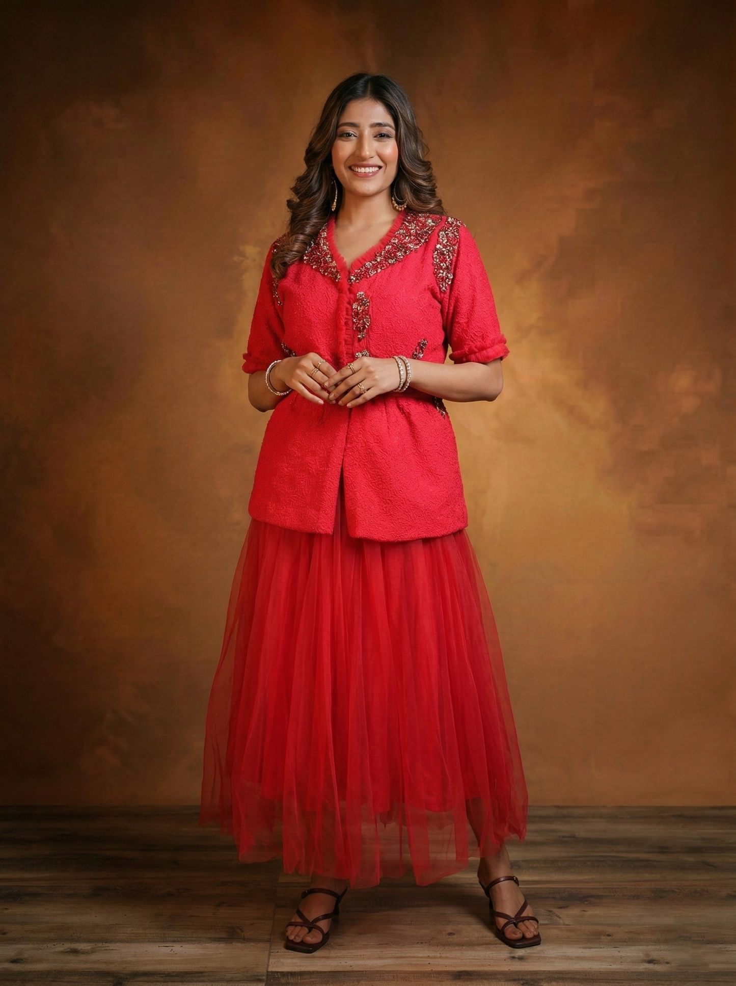 Red self fabric top and skirt