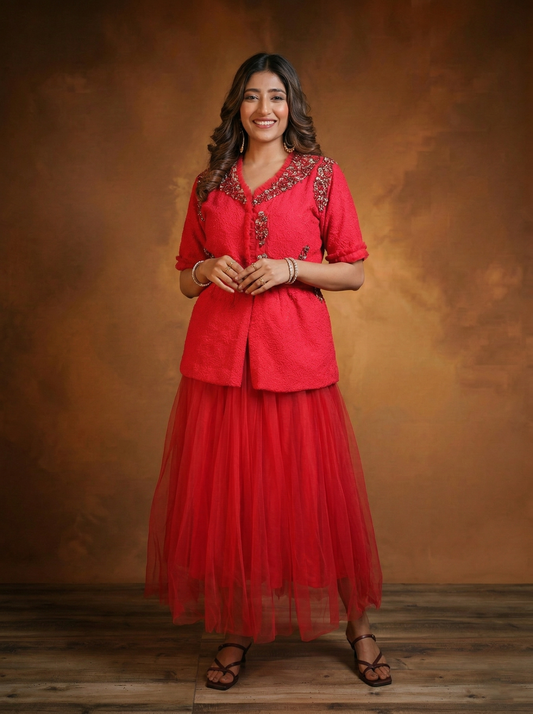 Red self fabric top and skirt