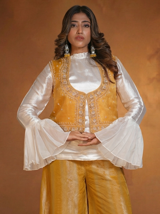 Mustard jacket and shaded plazzo with white top