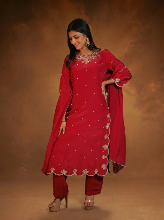 Scallop embroidered straight kurta set