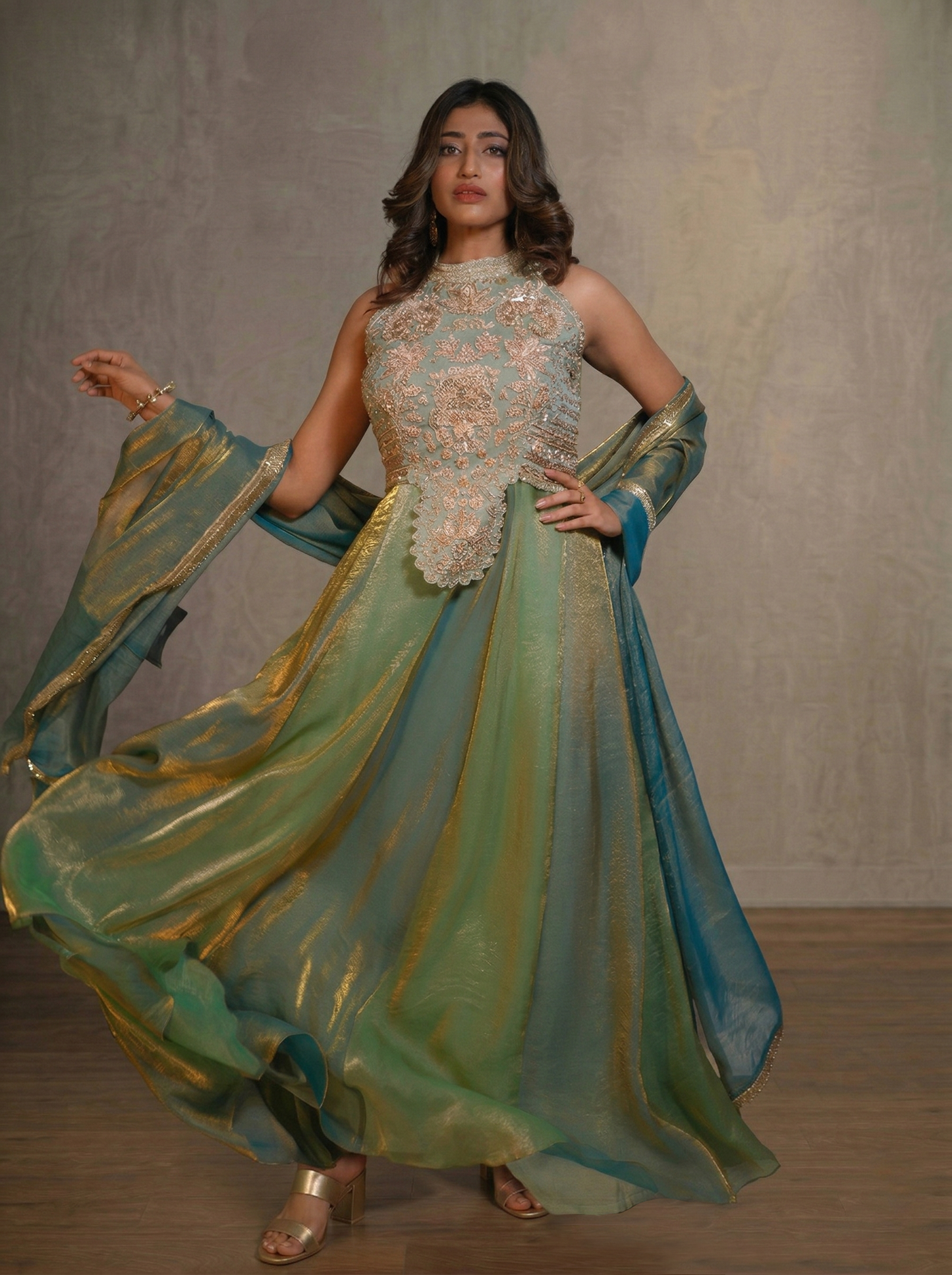 Zardozi embroidered Halter neck gown and dupatta