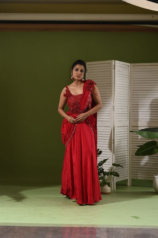 Red Drape Lehenga with 3D work detail