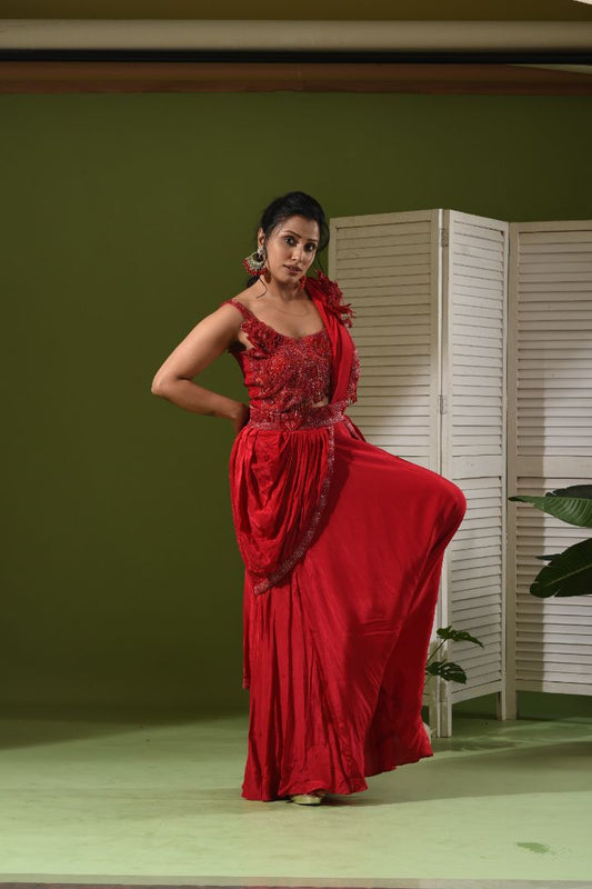 Red Drape Lehenga with 3D work detail