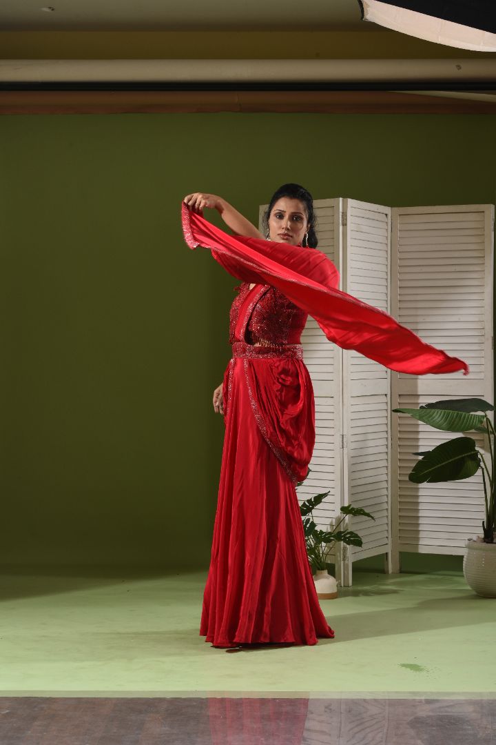 Red Drape Lehenga with 3D work detail