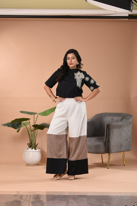 Embroidered Co-ord Set D Black Top & Colorblock Pants