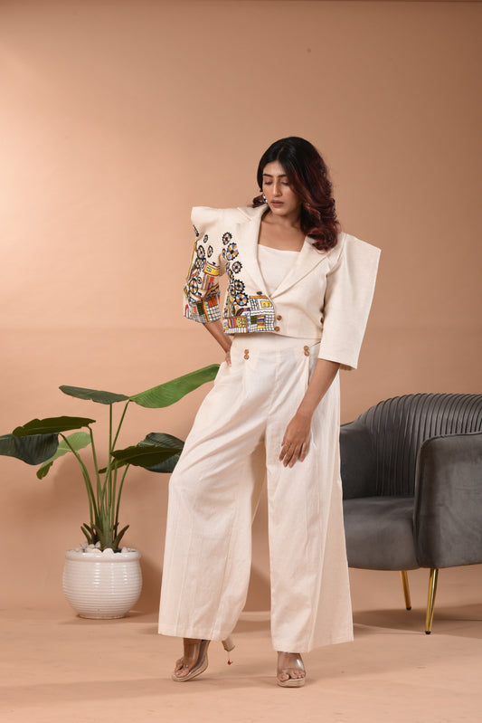 Embroidered Blazer Co-ord Set D 3-Piece in Off-White Kora Linen