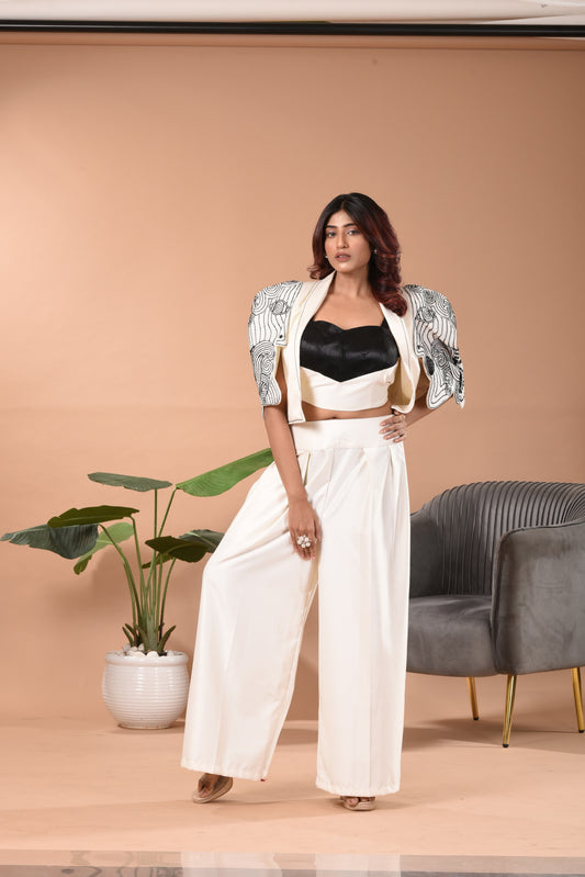 Hand Embroidered Blazer Co-ord Set D White & Blue
