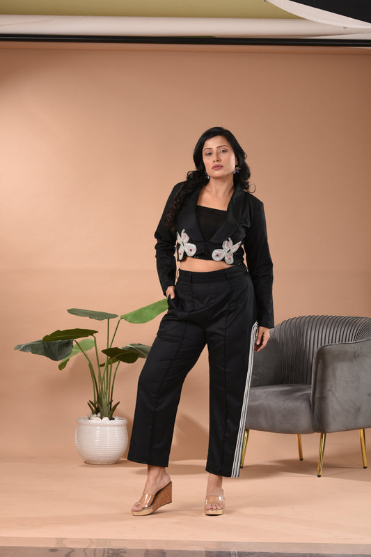 Suroskie Embroidered Cocktail Blazer Co-ord Set D Black