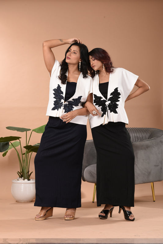 Hand Embroidered Blazer Co-ord Set with Pencil Skirt D White & Black/Blue