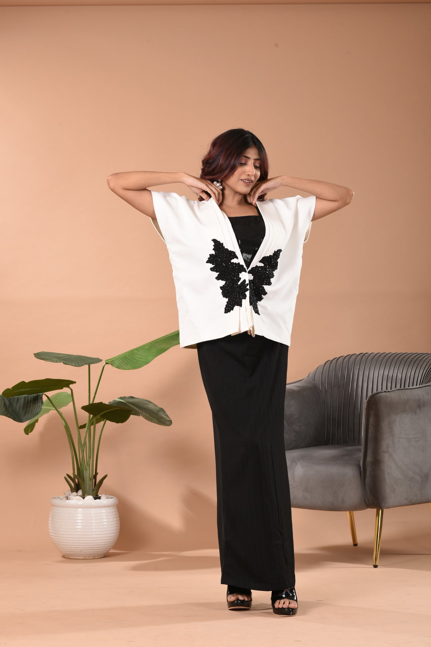 Hand Embroidered Blazer Co-ord Set with Pencil Skirt D White & Black/Blue