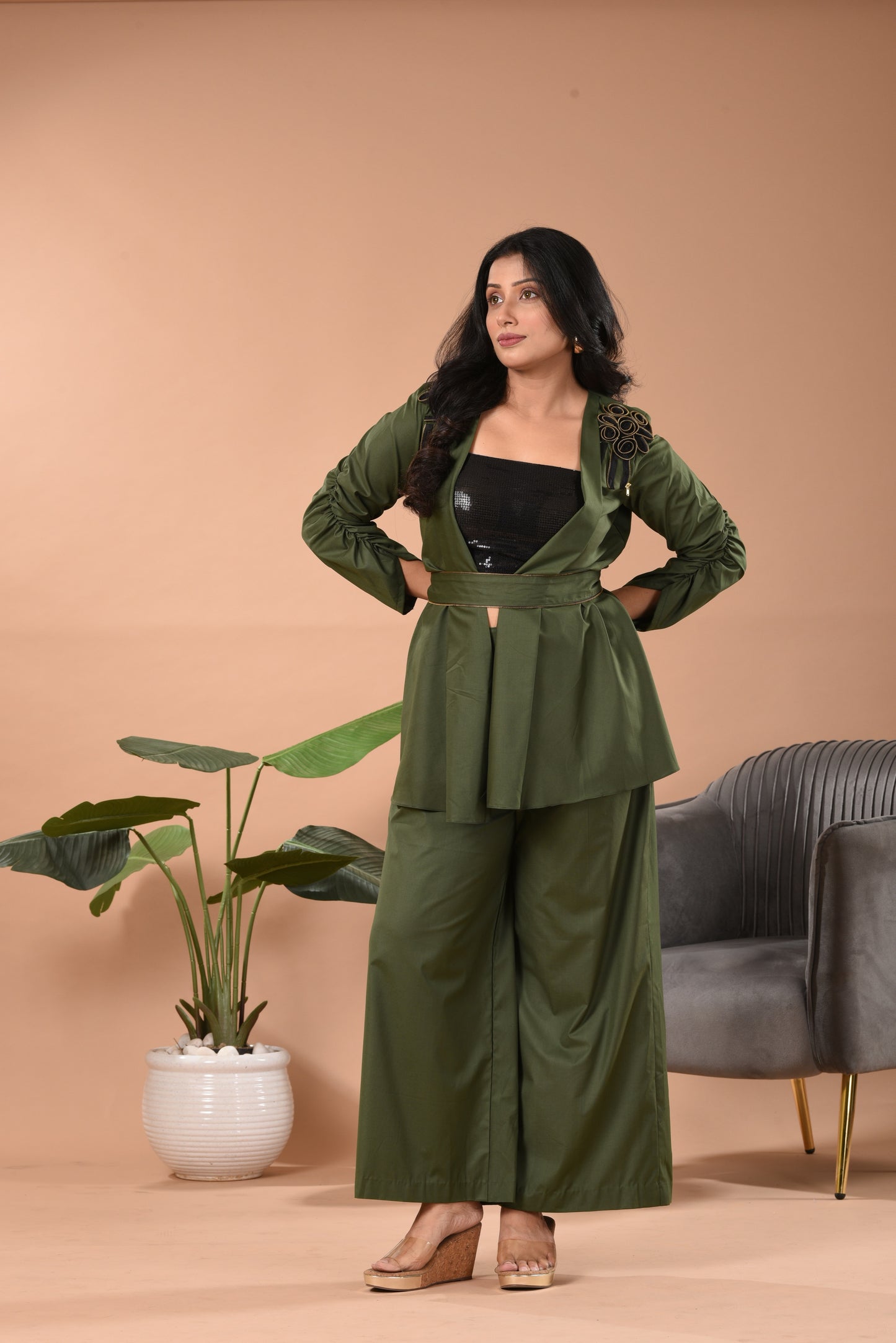 Hand Embroidered Cotton Jacket Co-ord Set D Lime Green, Olive, Rust